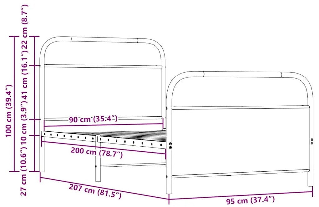 ágykeret matrac nélkül 90x200 cm füstölt tölgy fűrészelt fa