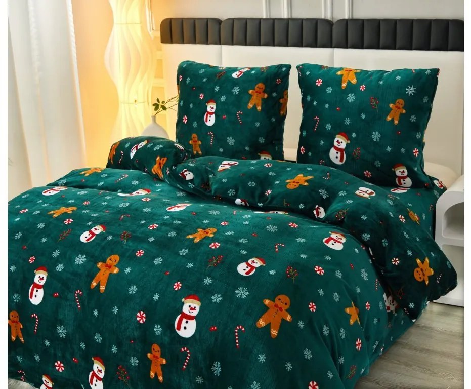 HÓEMBER ÉS GINGERBREAK zöld mikroplüss ágynemű + SOFT fekete mikroplüss lepedő 90x200 cm