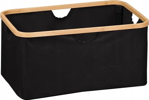 Tárolódoboz fedél nélkül, fekete, poliészter, bambusz 54 x 26 x 37 cm