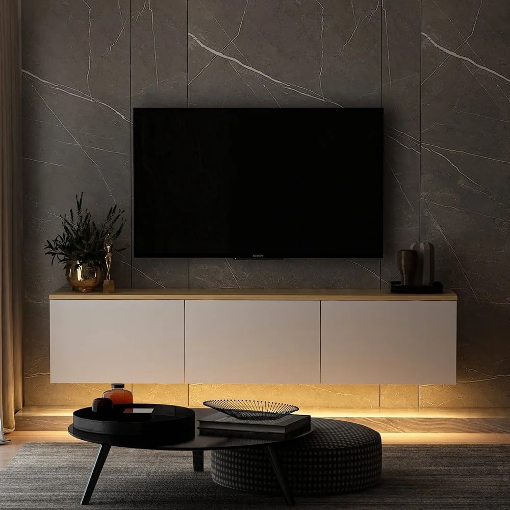 Fehér-natúr színű TV-állvány tölgyfa dekorral 160x35x32 cm Neon – Kalune Design