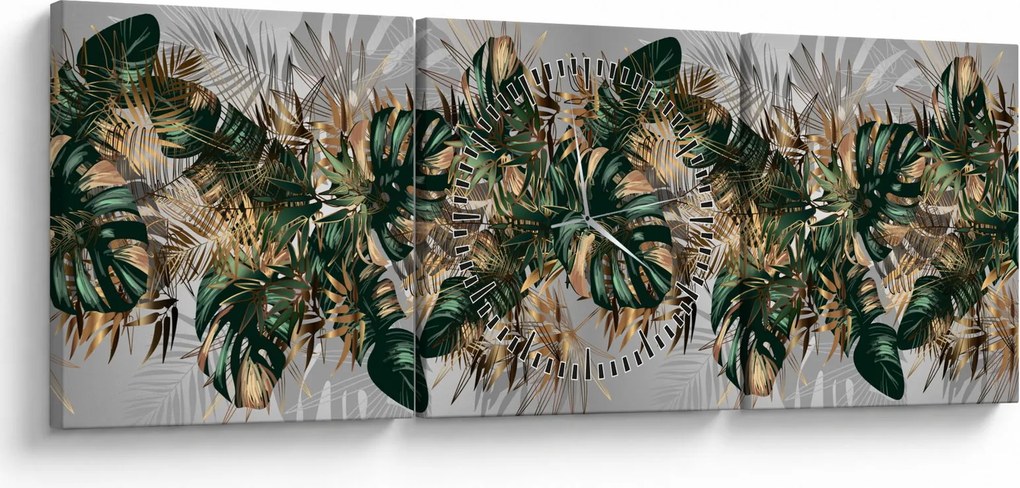 Kép - Gold-green, trópusi levelek (órával) (90x30 cm)