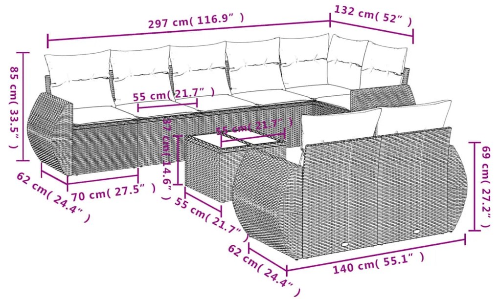 9 részes barna polyrattan kerti ülőgarnitúra párnákkal