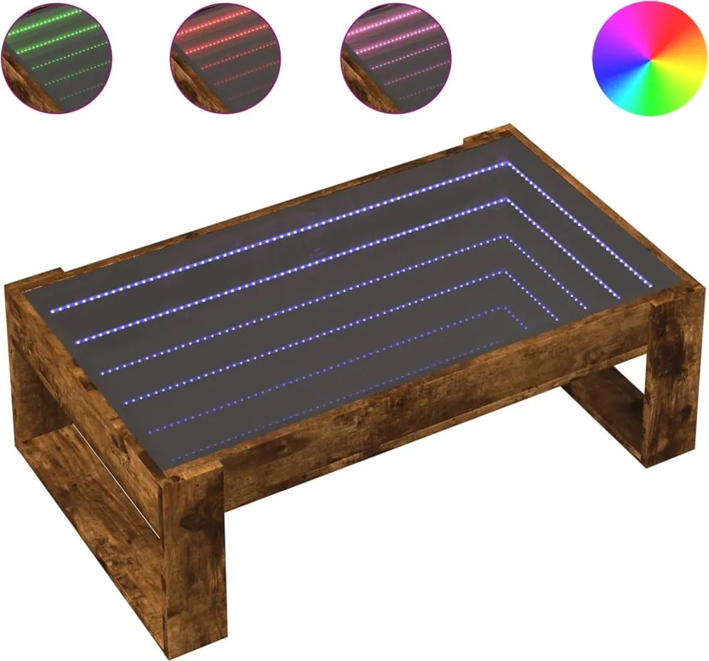 vidaXL füstös tölgy végtelen hatású LED-es dohányzóasztal 90x53x30 cm
