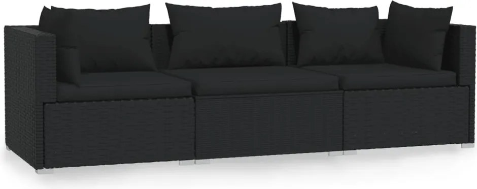 vidaXL fekete háromszemélyes polyrattan kanapé párnákkal