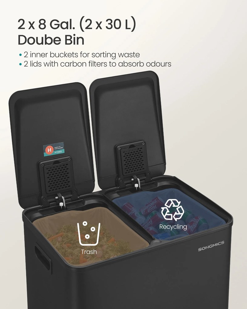 SONGMICS 60L Konyhai szemetes (2x30L), lágy záródás, fekete