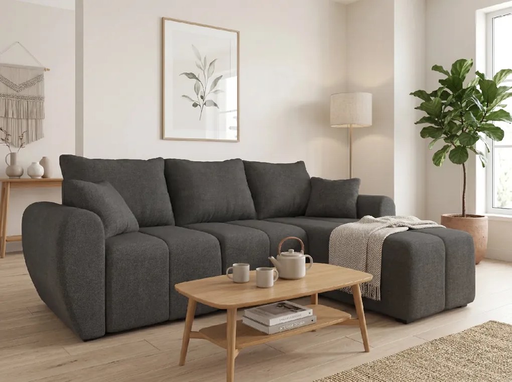 SEVIO L alakú kihúzható sarokkanapé, 246x145 cm, sötétszürke, univerzális + 2 párna INGYEN