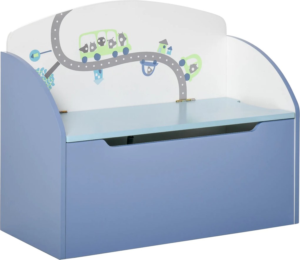 HOMCOM 2 az 1-ben Játékosládája Padként, Fa Anyagból, Hátpárnás Játék Tároló Gyermekeknek 3-6 Éves Korig, 60x30x50 cm, Kék | Aosom