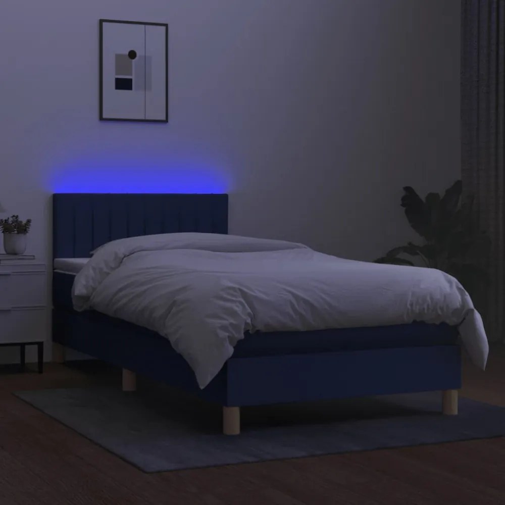 kék szövet rugós és LED-es ágy matraccal 80 x 200 cm