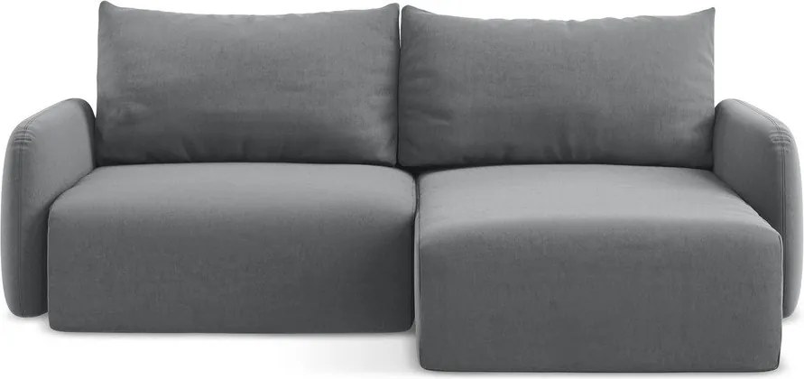 Szürke bársony kinyitható-tárolóhelyes sarokkanapé (jobb oldali-heverő résszel) Kalena – Makamii