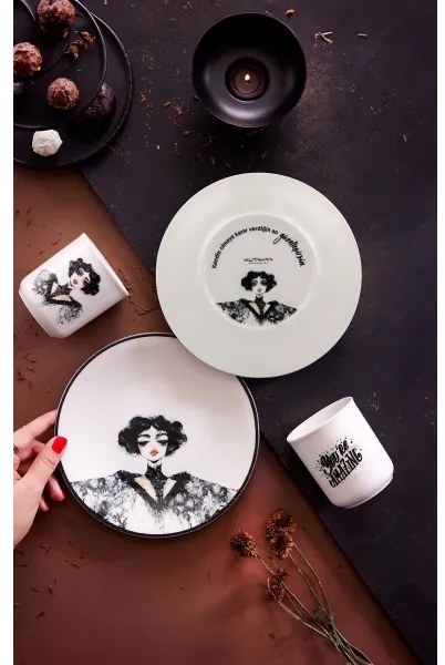 Elegáns 4 részes fekete-fehér porcelán étkészlet