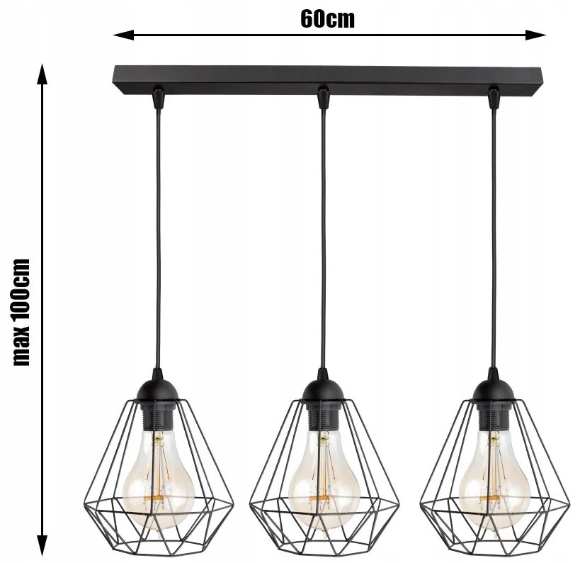 Glimex Diamond drót búrás állítható függőlámpa fekete 3x E27