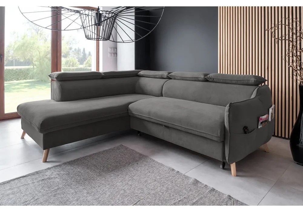 Sötétszürke bársony kinyitható sarokkanapé (bal oldali) Sweet Harmony – Miuform