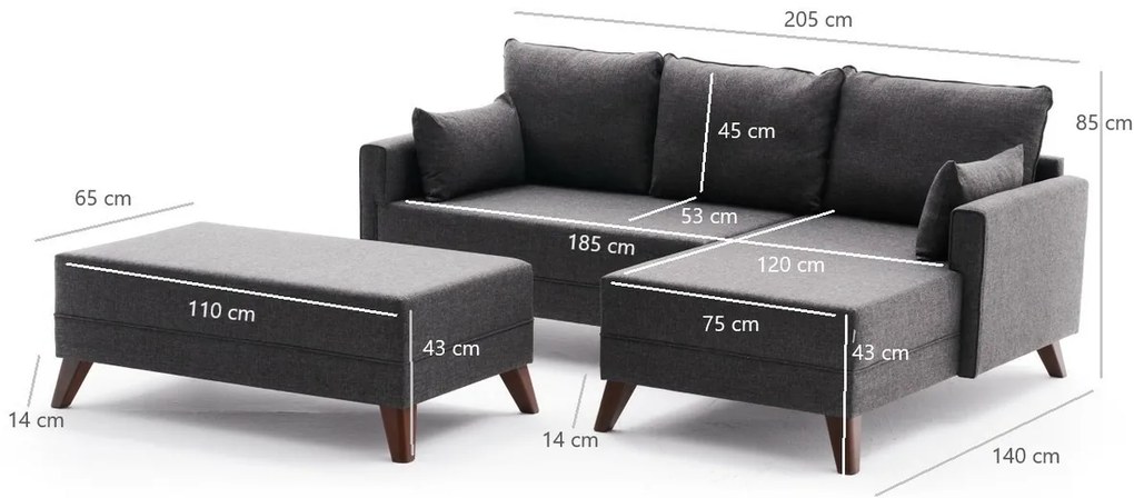 Bella Mini Right Anthracite kinyitható sarokkanapé