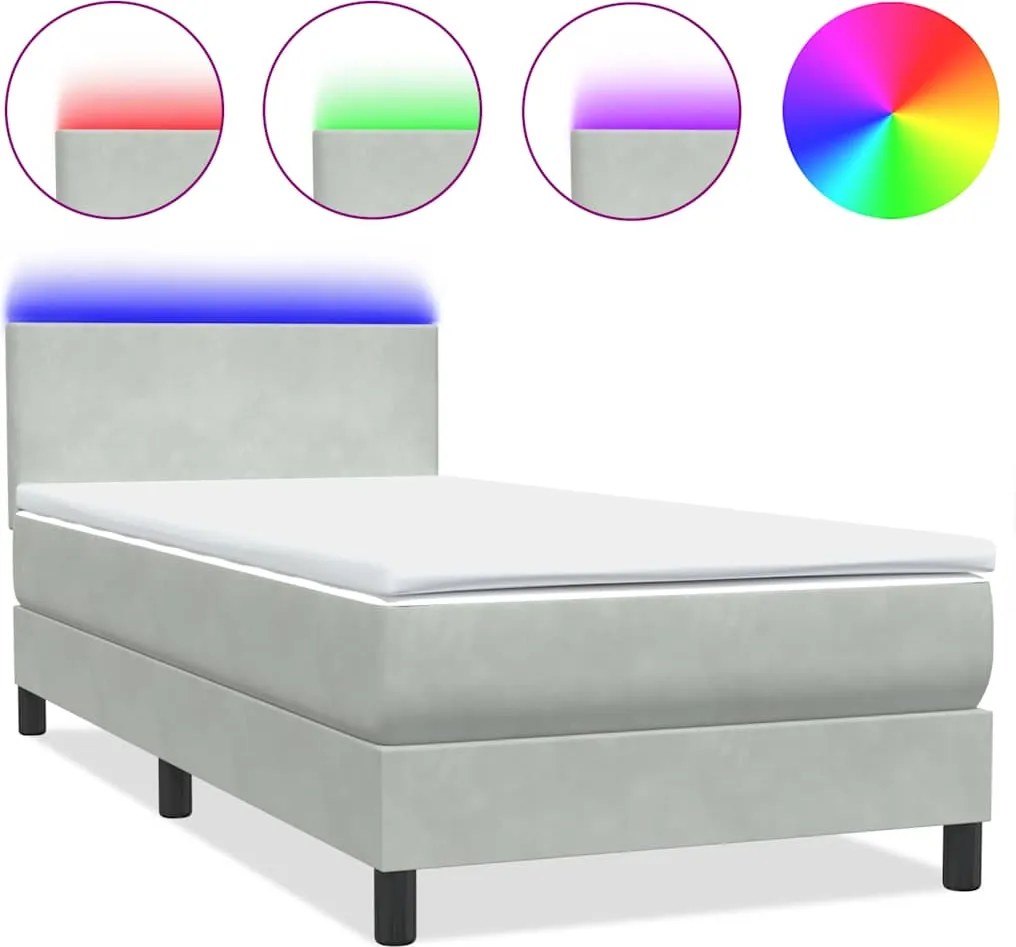 vidaXL világosszürke bársony rugós és LED-es ágy matraccal 80x210 cm
