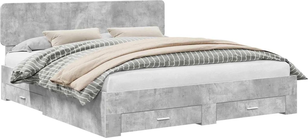 vidaXL Ágykeret fejtámlával fiókkal Beton Szürke 200 x 200 cm Faanyag