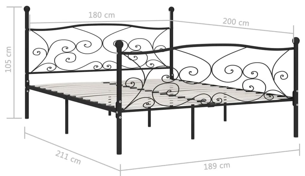 fekete fém ágykeret lécezett ágyráccsal 180 x 200 cm