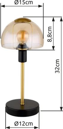 Globo 21914A Asztali lámpa fém fekete matt, fém arany színű csiszolt, borostyán színű üveg búra, fekete PVC kábel, érintő kapcsoló, ø: 150mm, M: 320mm, kábel hossza 1500mm, 1x E14 25W 230V izzó nélkül