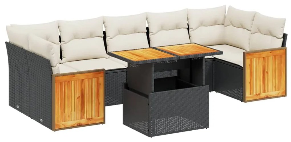 8 részes fekete polyrattan kerti ülőgarnitúra párnákkal
