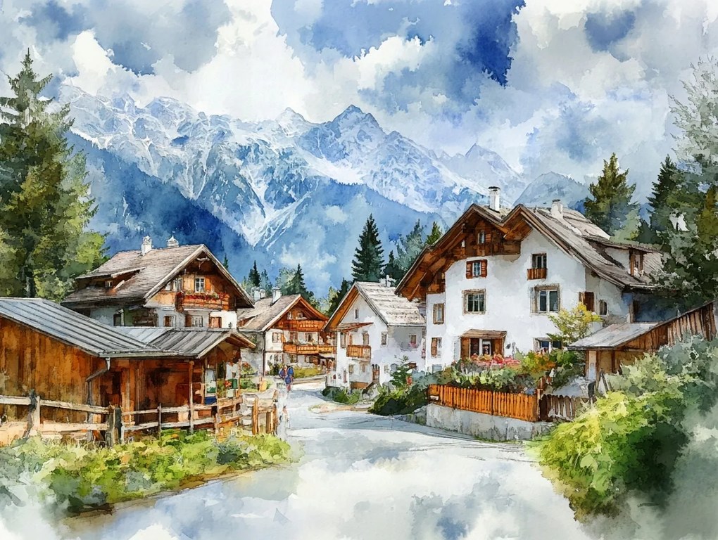 Vászonkép Canvas Tájkép Képeslap Alpok Város Hegyek Falu 80x60
