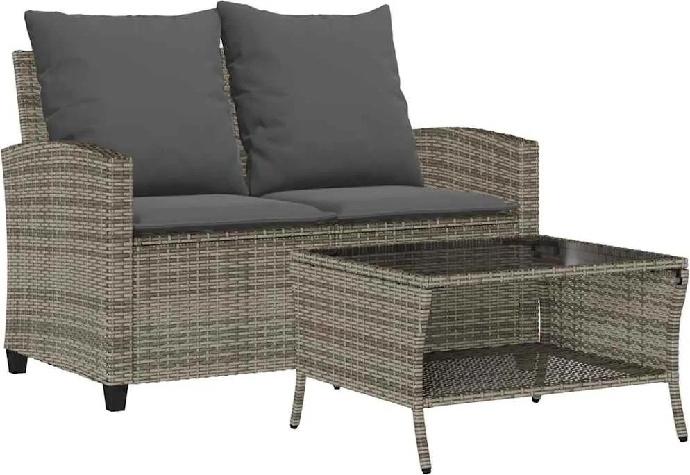 vidaXL 2 személyes szürke polyrattan kerti kanapé asztallal&párnával
