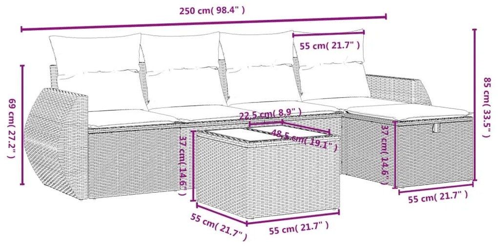 6 részes fekete polyrattan kerti ülőgarnitúra párnákkal