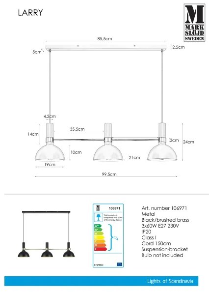 Markslöjd 106971 - Csillár zsinóron LARRY 3xE27/60W/230V fekete/arany