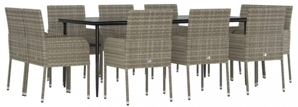 11 részes fekete-szürke polyrattan étkezőgarnitúra párnákkal