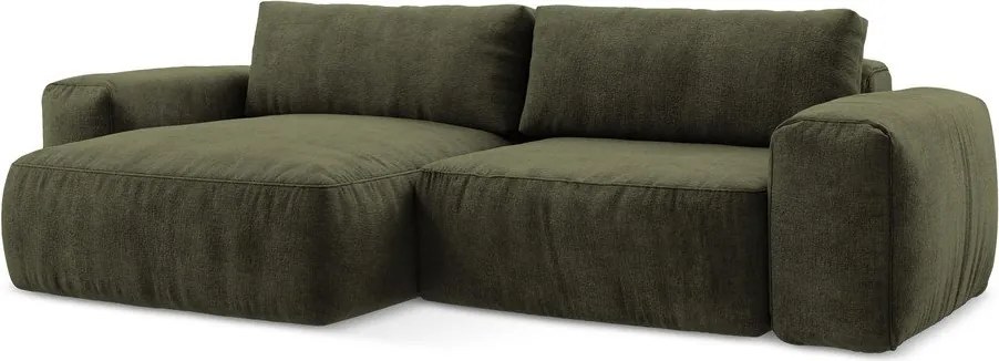 Zöld zsenília kinyitható sarokkanapé (bal oldali-heverő résszel) Kuki – Makamii