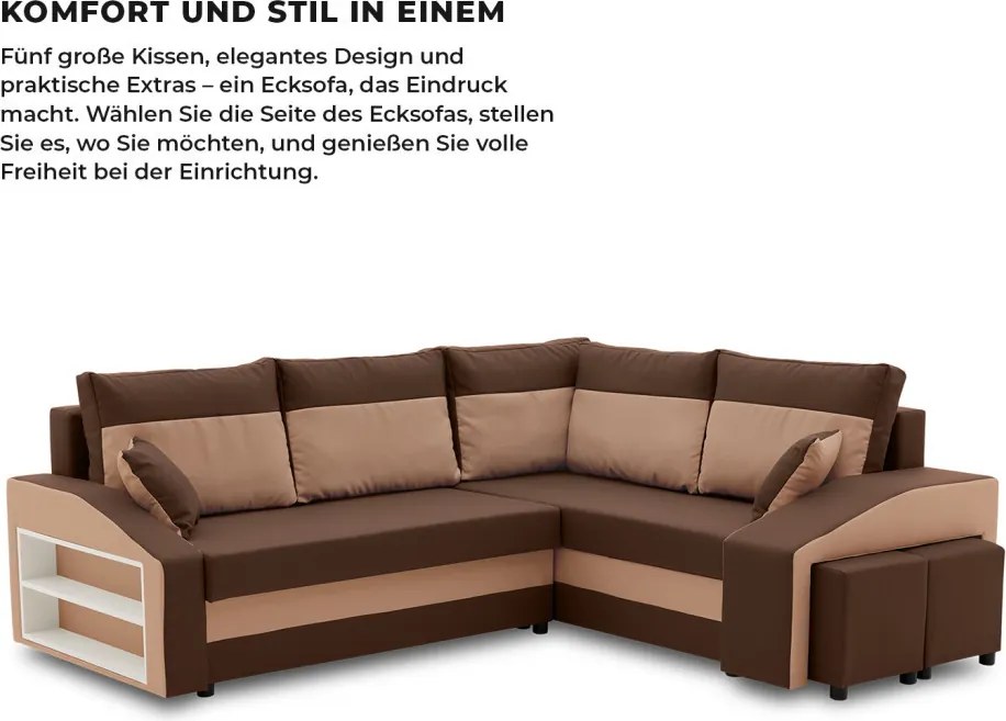 Grande sarokkanapé polcokkal és puffokkal , polc a bal karfaban puffok a jobb karfaban, jobboldali, szövet anyag, bonell töltet, barna