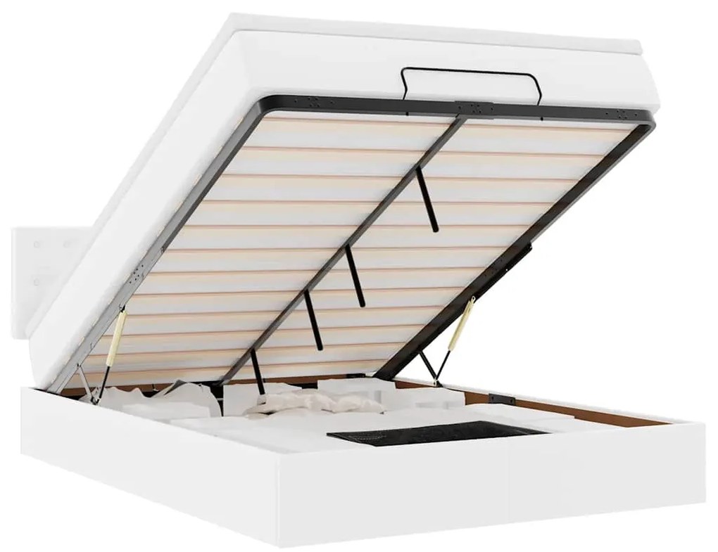 tiszta fehér műbőr ottomán ágy matracokkal & LED-ek 140x190cm