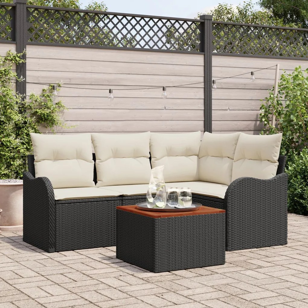 5 Darabos Kerti Sofa Készlet Párnákkal Fekete Poli Rattan Akác, 2-Fős Kerti Sofa Tárolóval&amp;Párnákkal Fekete Poli Rattan