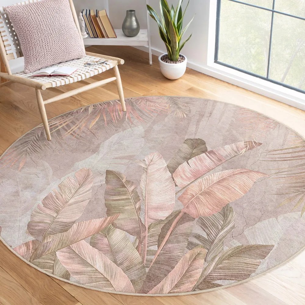 Világos rózsaszín mosható kerek szőnyeg ø 150 cm Dusty Leaves – Mila Home