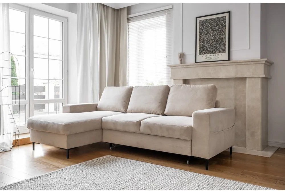 Bézs kordbársony kinyitható sarokkanapé (bal oldali) Lofty Lilly – Miuform