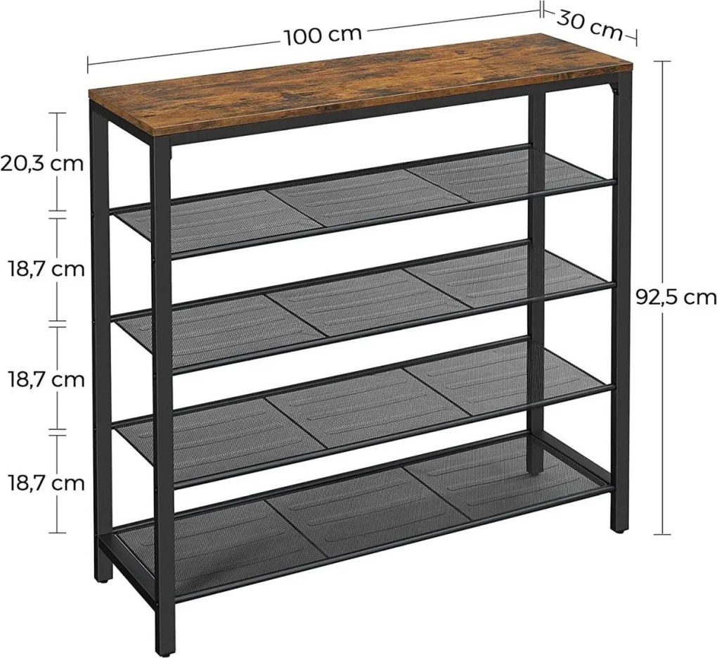 Cipőtároló polc 4 fém hálós polccal, rusztikus barna 100x30x92cm