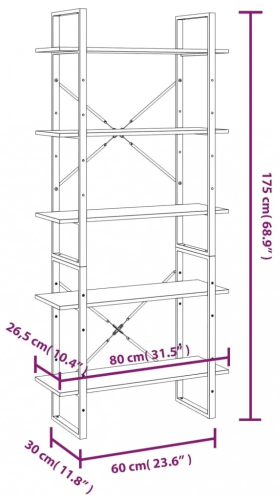 5 szintes szürke sonoma szerelt fa könyvszekrény 80x30x175 cm