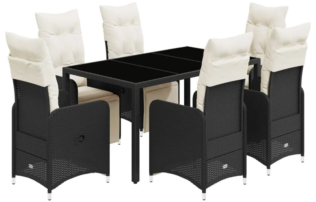 7 részes fekete polyrattan kerti bisztrógarnitúra párnákkal