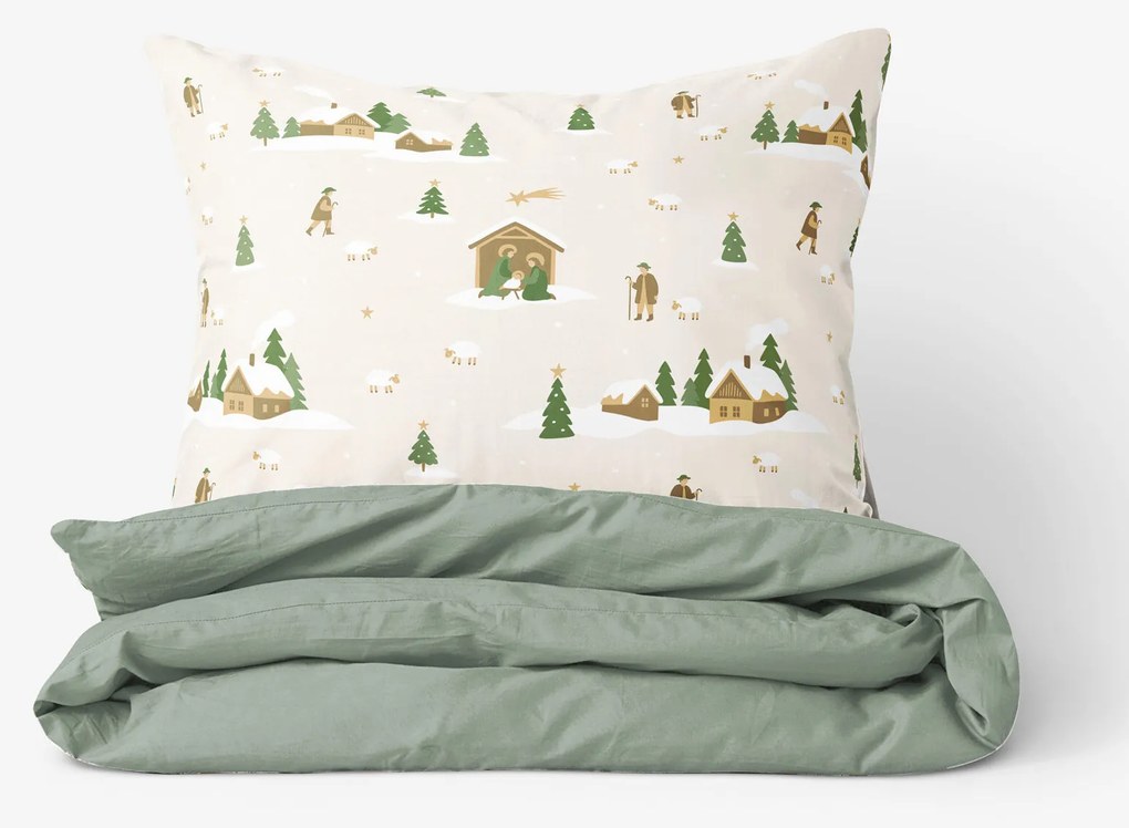 Goldea karácsonyi pamut ágyneműhuzat duo - karácsonyi dalok, zsálya színű hátoldal 220 x 200 és 2db 70 x 90 cm