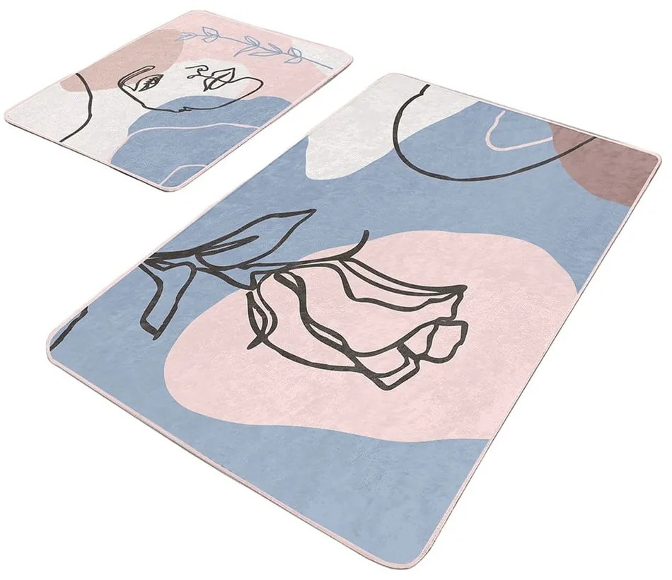 Kék-rózsaszín bársony fürdőszobai kilépő szett 2 db-os 60x100 cm Abstract Faces – Mila Home