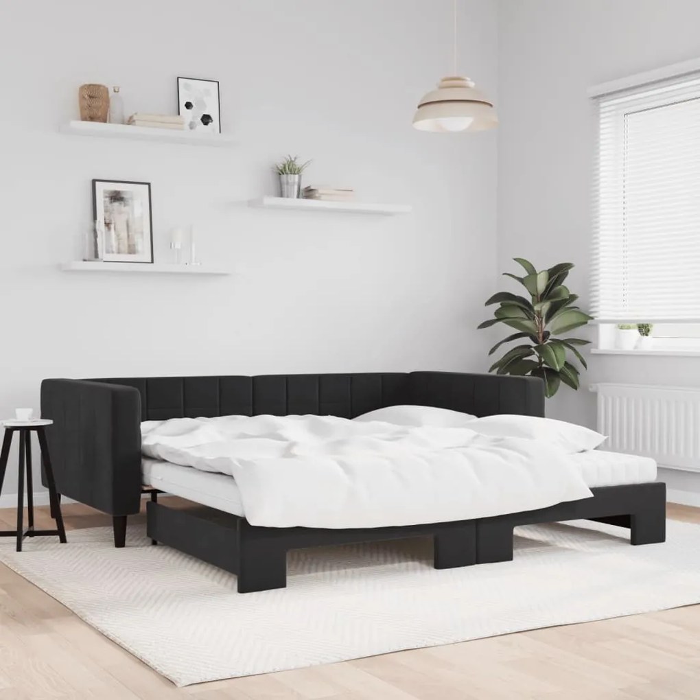 fekete kihúzható bársony heverő matraccal 100 x 200 cm