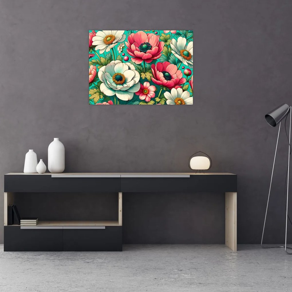 Kép - Virágok kék háttéren (70x50 cm)