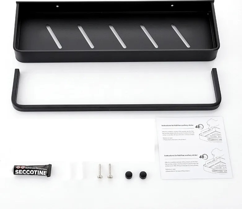 fekete Fürdőszobai Zuhanypolc Akasztós öntapadós+lyukacsos 30cm