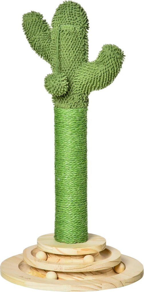 PawHut Cica Kaparófa Kaktusz Cica Fa Fenyő Fa Zsinóros Kaparóoszlop Fával Lógó Cica Játékkal 60 cm Magas Zöld+Természetes | Aosom