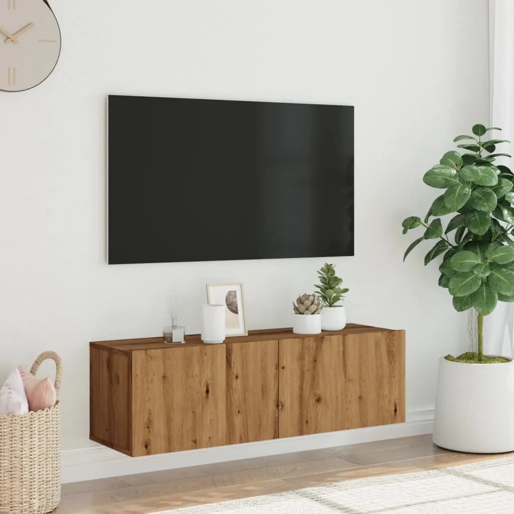 kézműves tölgy színű szerelt fa fali TV-szekrény 100x30x30 cm