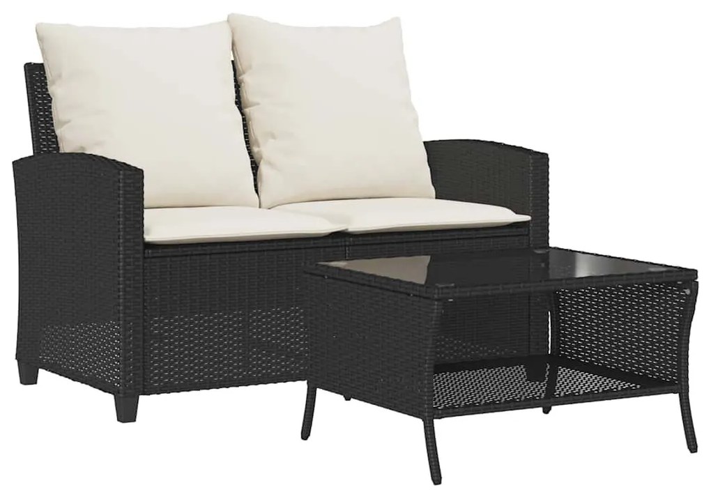 2 személyes fekete polyrattan kerti kanapé asztallal&amp;párnával