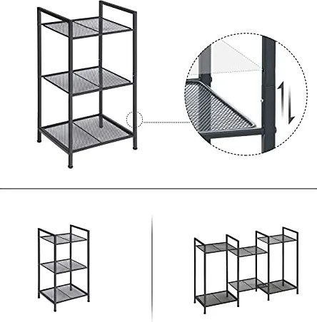Fém polc, 3 szintes polc, bővíthető, állítható polcok, ipari design, fekete