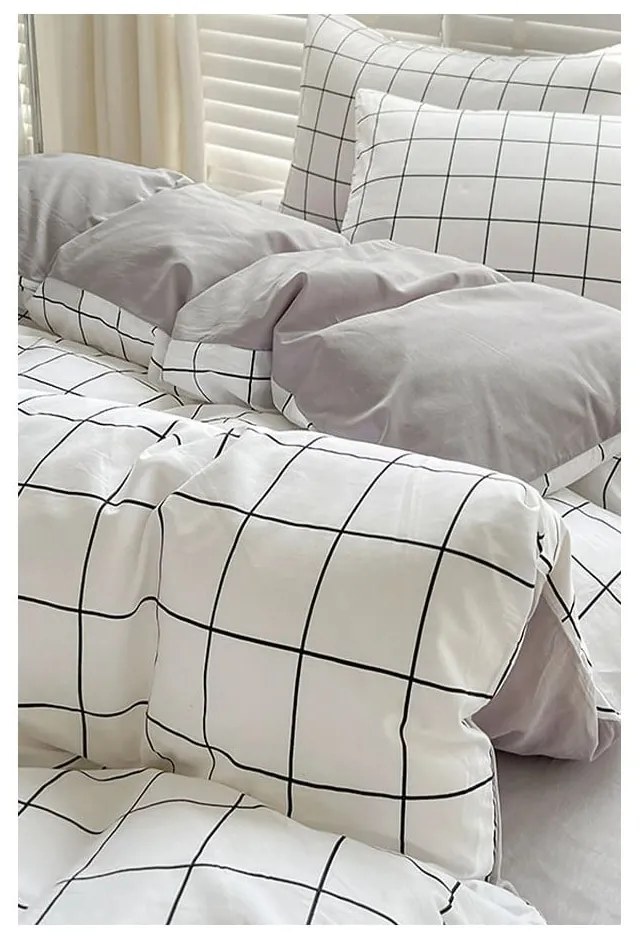 Fehér-szürke egyszemélyes hosszabbított háromrészes renforcé pamut ágyneműhuzat lepedővel 160x220 cm Checkered – Mila Home