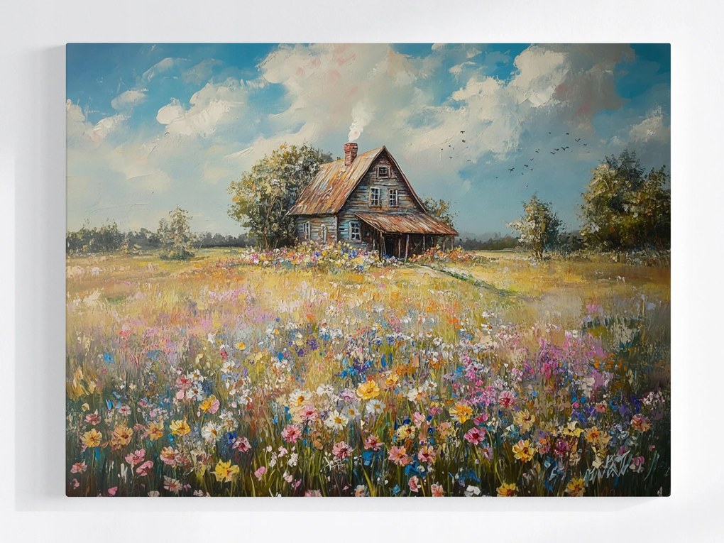Vászonkép Canvas Tájkép Falu Ház Kunyhó Rét Virágok Tavasz 100x75