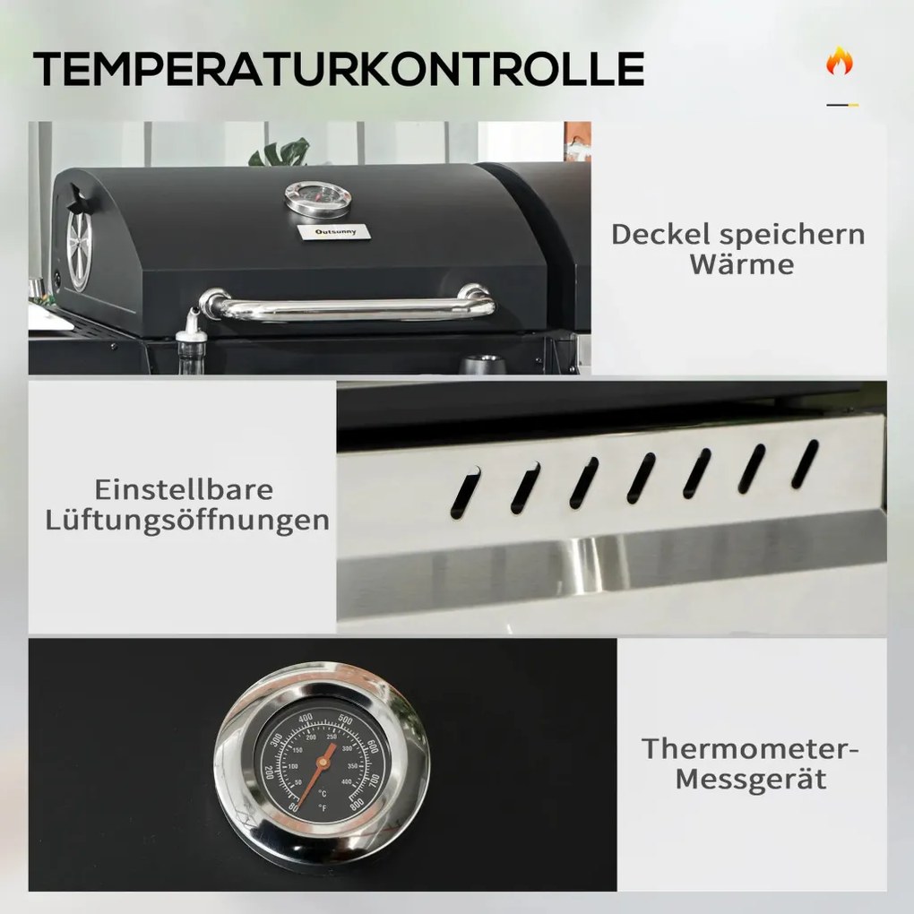Outsunny Gázgrill, hőmérővel és melegen tartó tányérokkal, fekete és ezüst