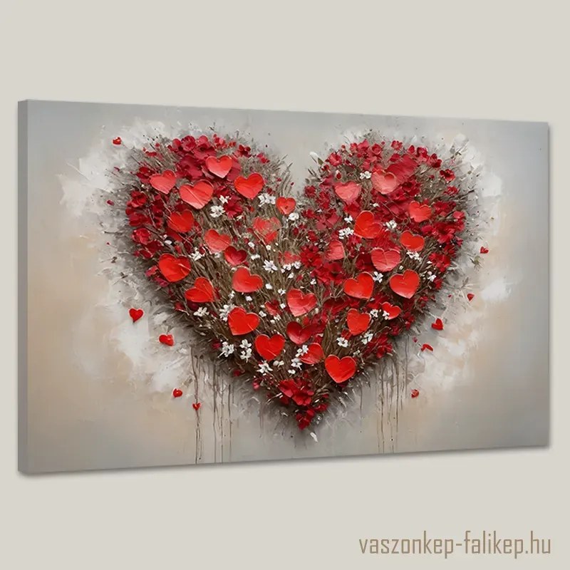 Szív alakú virágkompozíció falikép – romantikus prémium dekoráció 60x40 cm