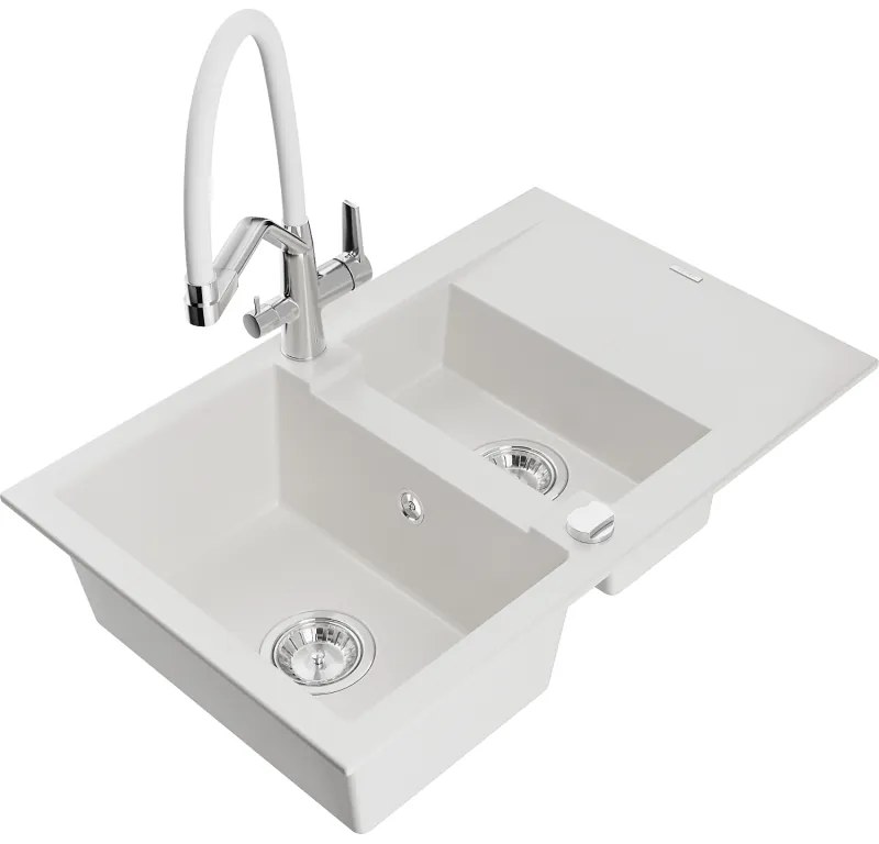 Mexen Gaspar gránit mosogató 1,5-medencés csepegtetővel és Duo konyhai csapteleppel, fehér - 6507-20-671701-02